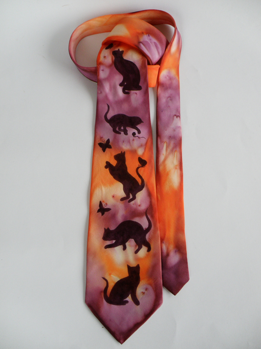Hand painted silk necktie Cats and butterflies